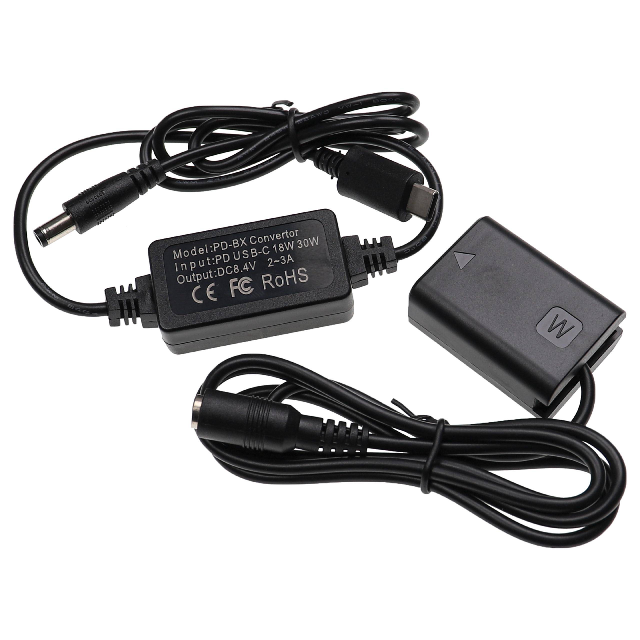 vhbw USB Netzteil kompatibel mit Sony Alpha SLT-A33Y | SLT-A33, SLT-A33L Kamera, Digitalkamera + DC Kuppler (Ersatz für Sony), 2m