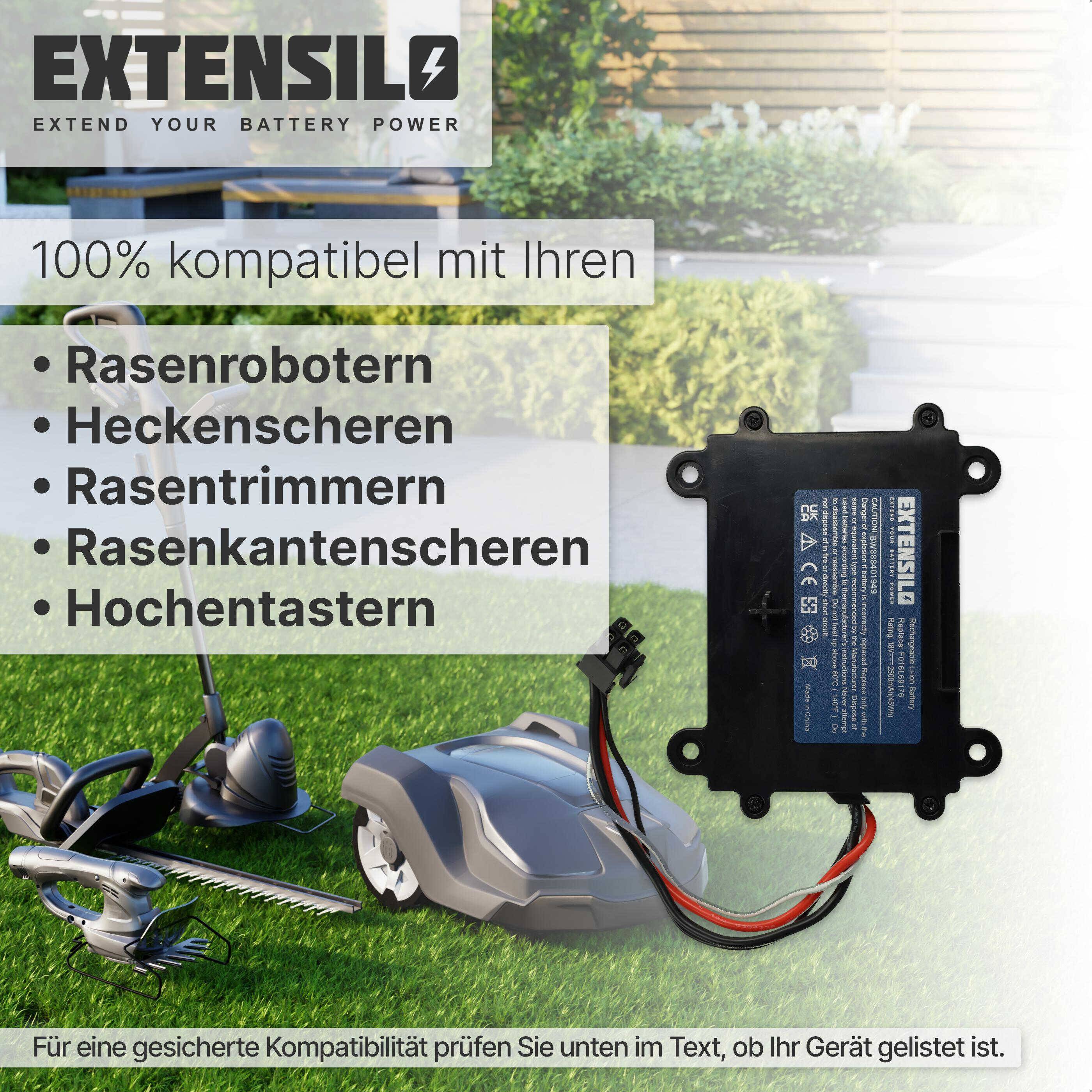 Batteriepack für Gartengeräte auf Gras mit Werkzeugen abgebildet. Text im Bild: '100% kompatibel mit Ihren Rasenrobotern, Heckenscherern, Rasentrimmern, Rasenkantenscheren, Hochentastern.
