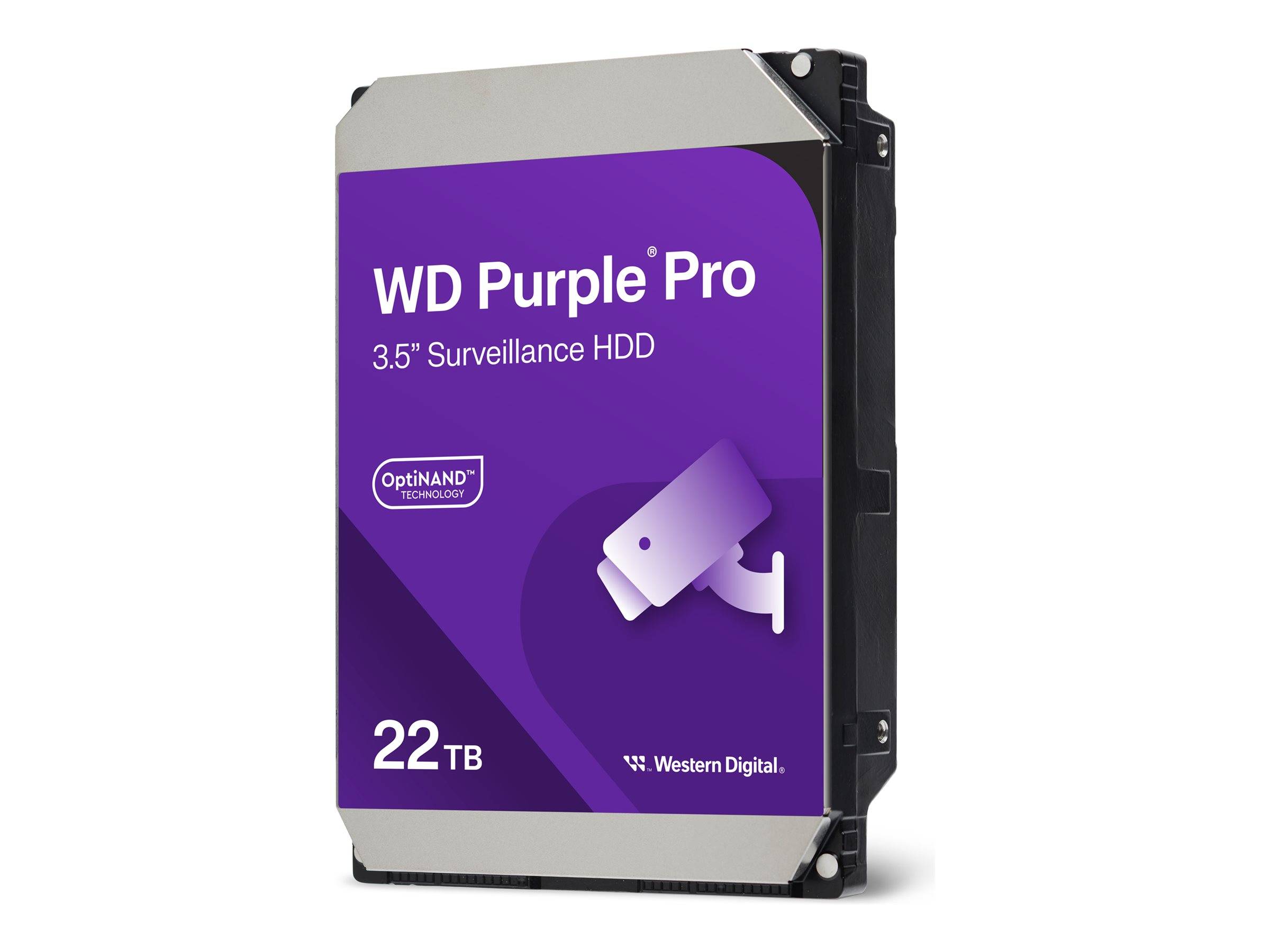 Western Digital WD Purple Pro 22 TB 3,5-Zoll-Überwachungsfestplatte in violetter Verpackung gezeigt.