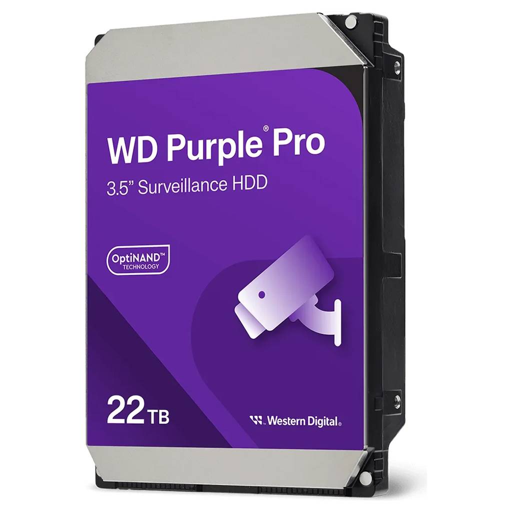 Western Digital WD Purple Pro 3,5-Zoll-Überwachungsfestplatte, 22 TB, lila Produktverpackung auf weißem Hintergrund gezeigt.