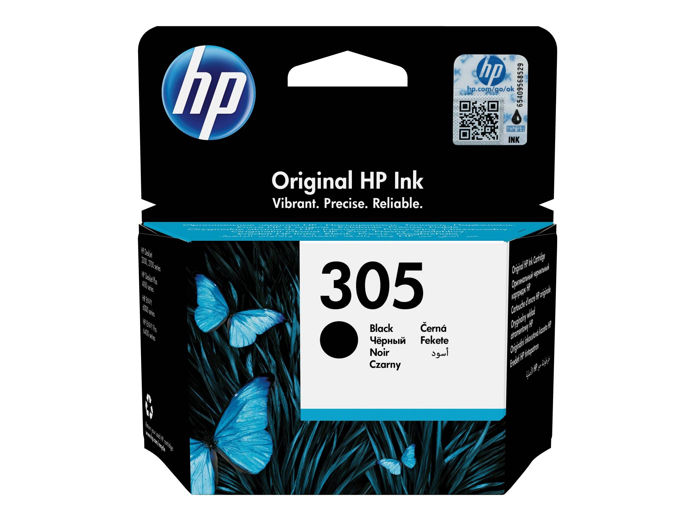 HP Original Tintenpatrone, Modell 305, schwarze Tinte, mit blauem Schmetterlingsdesign und QR-Code-Etikett.