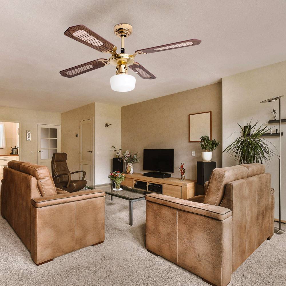 Deckenventilator Deckenlampe mit Ventilator Esszimmer Raumkühler Lüfter mit Glasschirm, Vor-Rücklauf, Metall MDF, 1x E27, D 105 cm