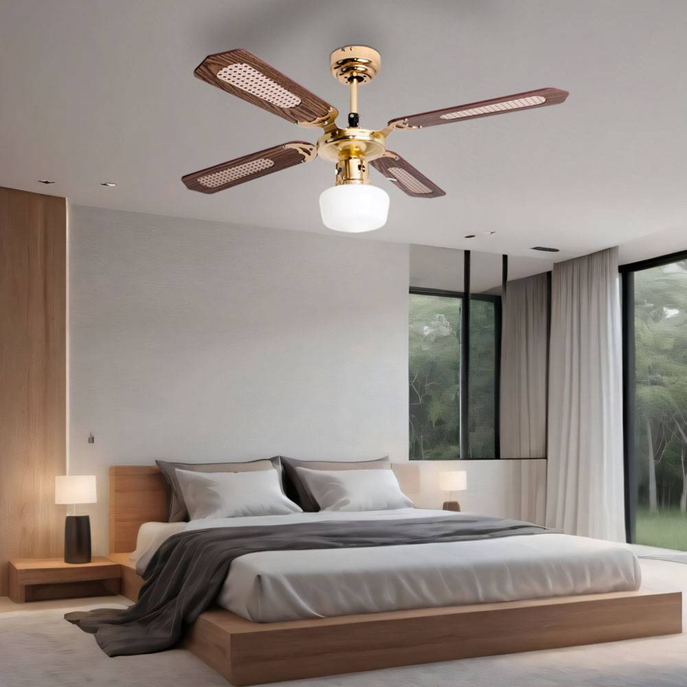 Deckenventilator Deckenlampe mit Ventilator Esszimmer Raumkühler Lüfter mit Glasschirm, Vor-Rücklauf, Metall MDF, 1x E27, D 105 cm