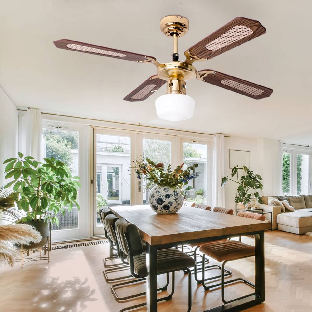 Deckenventilator Deckenlampe mit Ventilator Esszimmer Raumkühler Lüfter mit Glasschirm, Vor-Rücklauf, Metall MDF, 1x E27, D 105 cm