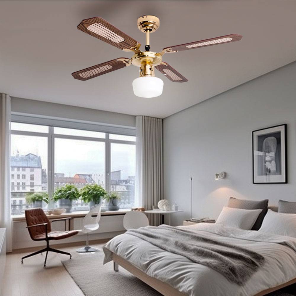 Deckenventilator Deckenlampe mit Ventilator Esszimmer Raumkühler Lüfter mit Glasschirm, Vor-Rücklauf, Metall MDF, 1x E27, D 105 cm