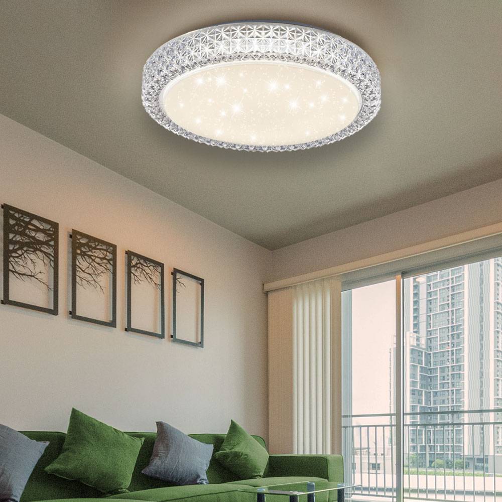 LED Deckenleuchte CCT Wohnzimmerleuchte Deckenlampe Wohnzimmerlampe mit Kristallen, Sternenhimmel-Effekt, Stahl, 22W 1980lm warmweiß - kaltweiß, D