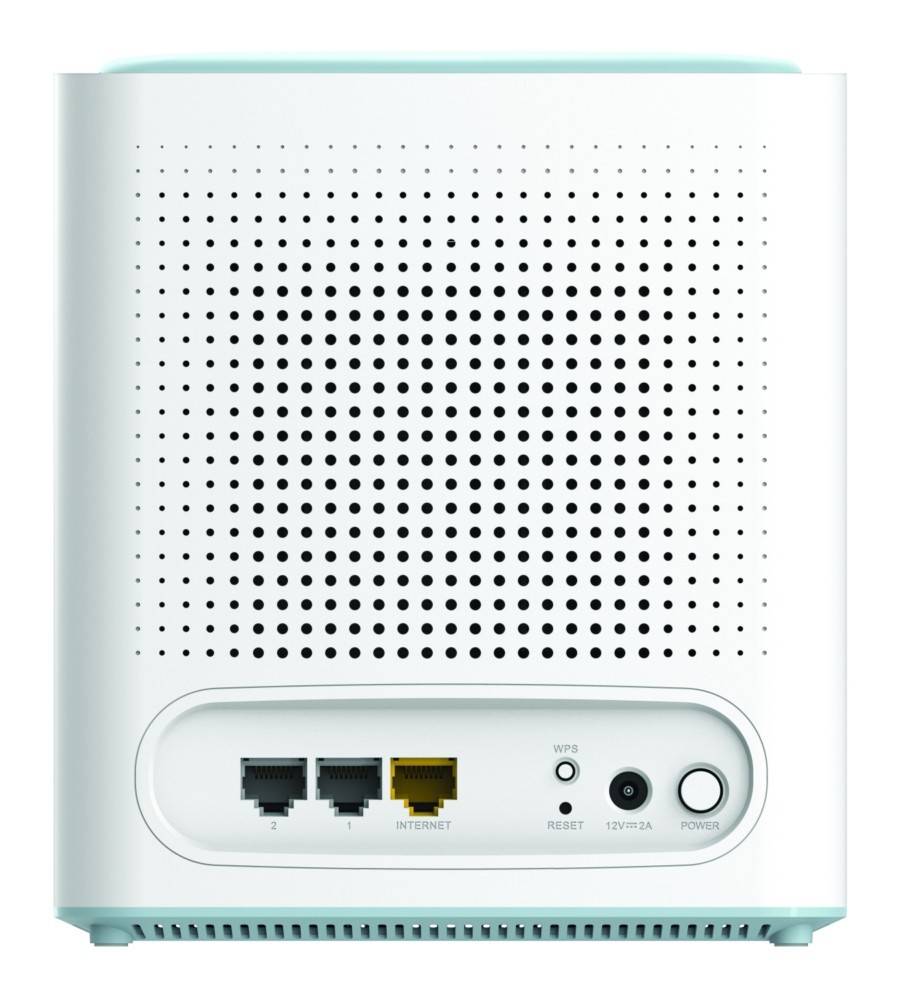 Das Bild zeigt die Rückseite eines weißen elektronischen Geräts mit Belüftungslöchern, zwei Ethernet-Anschlüssen, einem Reset-Knopf, einer Stromsteckdose und einem Einschaltknopf.