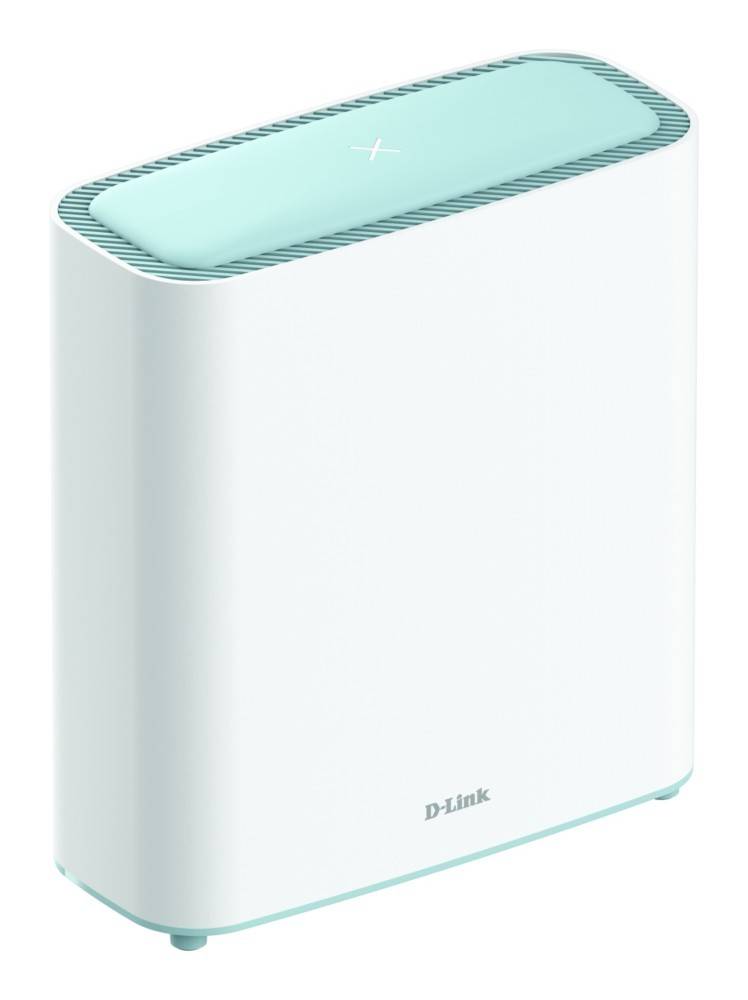 Ein weißer und türkisfarbener D-Link Router mit minimalistischem Design. Der Router steht aufrecht und hat ein kleines 'Plus'-Symbol auf der Oberseite.