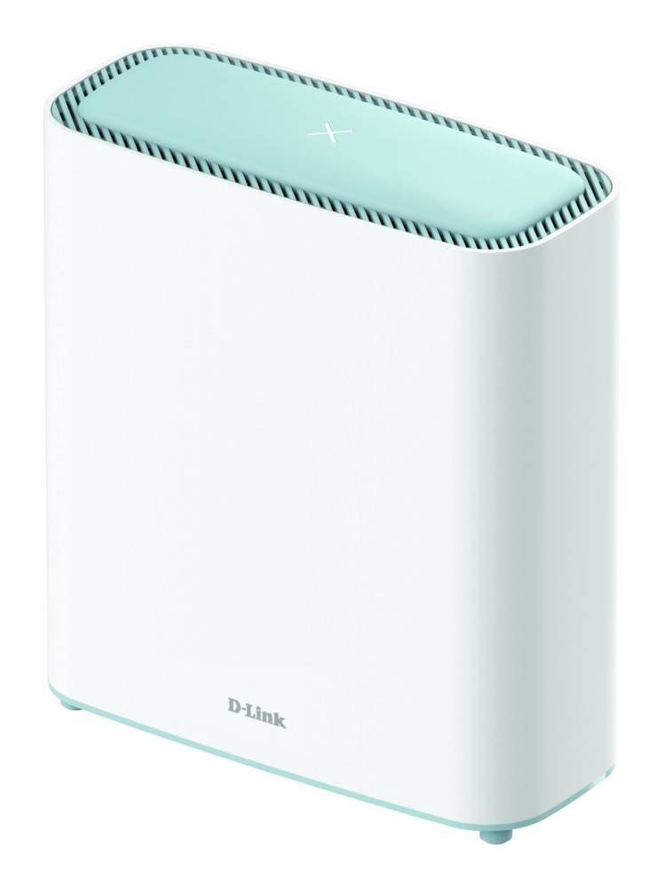 Ein weißer D-Link WLAN-Router mit einer mintgrünen Oberseite, auf der ein Pluszeichen abgebildet ist. Der Router verfügt über vertikale Lüftungsschlitze an seinen Seiten.