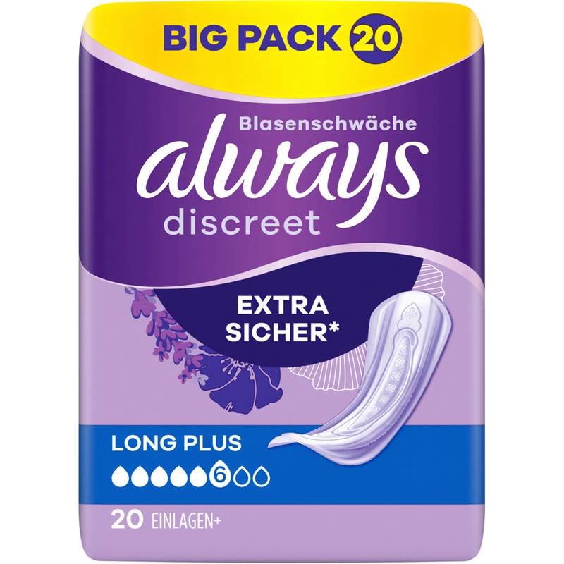 Always Discreet Extra Sicher Long Plus' Einlagen, Verpackung in lila und gelben Farben, zeigt ein Bild einer Einlage, Text 'Großpackung 20', Absorptionsbewertung mit sechs Tropfen.
