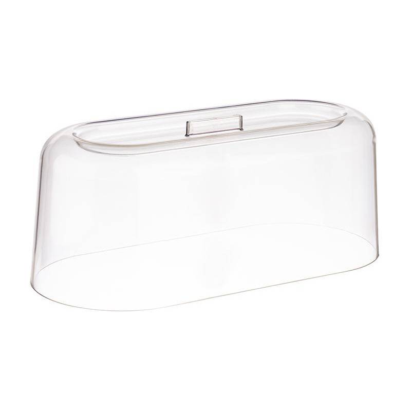 Eine durchsichtige, rechteckige Kunststoff-Abdeckhaube mit einem Griff oben, die dazu dient, Speisen zu schützen.