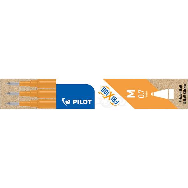 Paket mit Pilot FriXion Ball Stiften mit drei orangefarbenen Stiften und sichtbarem Branding, gekennzeichnet mit 0,7 mm und 8,7 mm Radierspitze.