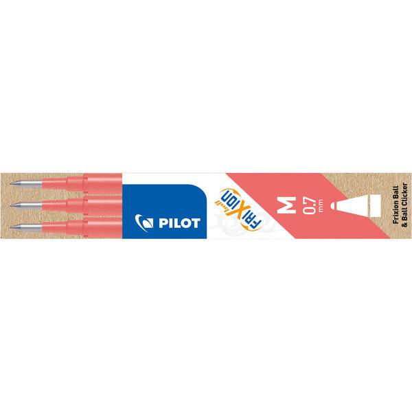 Packung mit drei Pilot FriXion Ball 0,7 Gelstiften, gezeigt in roter Verpackung mit sichtbaren Stiftspitzen.