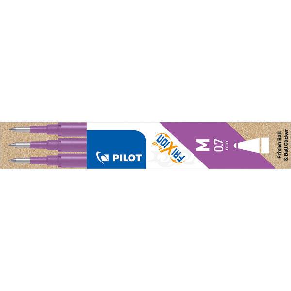 Verpackungsdesign für Pilot FriXion Ball und Kugelschreiber mit drei violetten Stiften und dem Text „PILOT