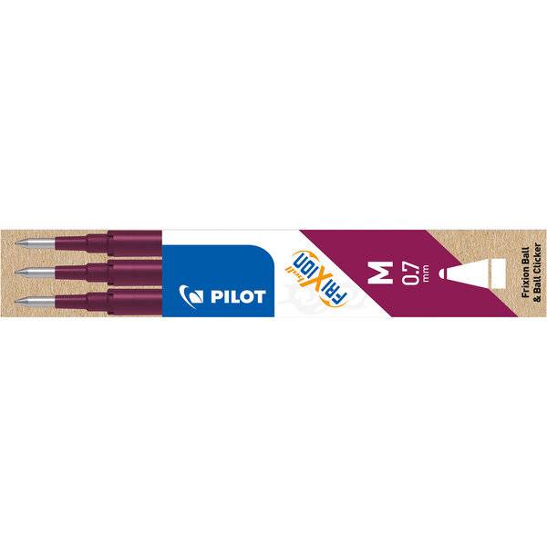 Drei violette Pilot FriXion Kugelschreiber, 0,7 mm mittlere Stärke, gezeigt in ihrer Verpackung mit Marken- und Produktetiketten.