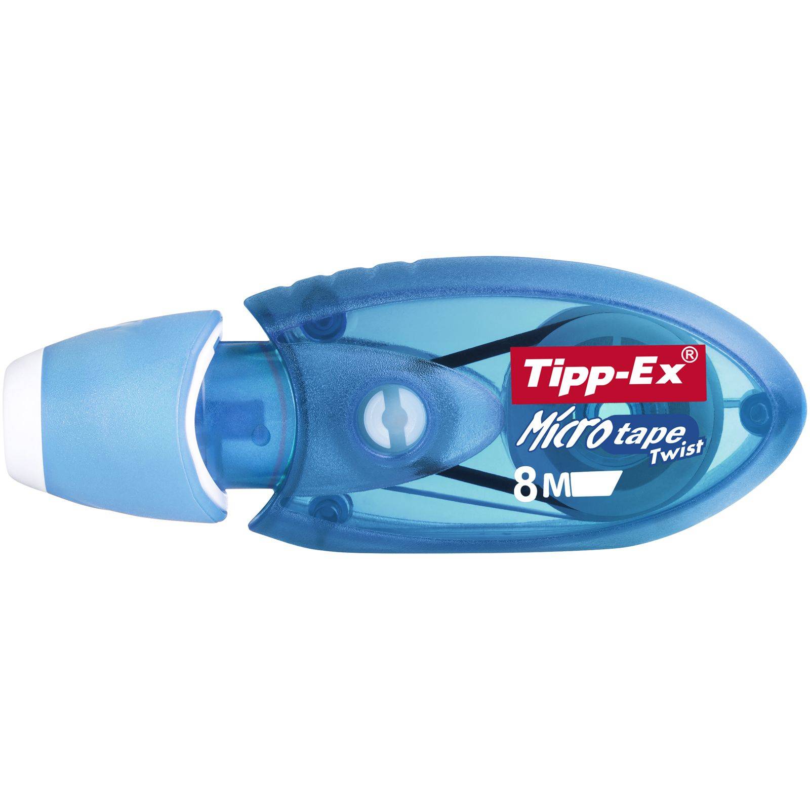 Blauer Tipp-Ex Micro Tape Twist Korrekturband-Spender mit weißer Kappe, gekennzeichnet mit „8 m