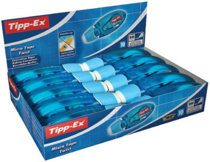 Anzeigebox von Tipp-Ex Micro Tape Twist Korrekturband, das mehrere blaue Bandspender in Einzelhandelsverpackung zeigt.