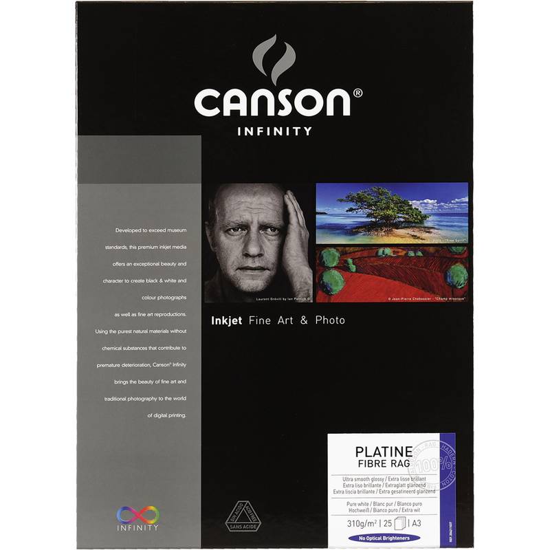 Canson Infinity Inkjet-Kunstdruck- und Fotopapierpaket mit Beispielbildern und Produktbranding auf einer schwarzen Schachtel.