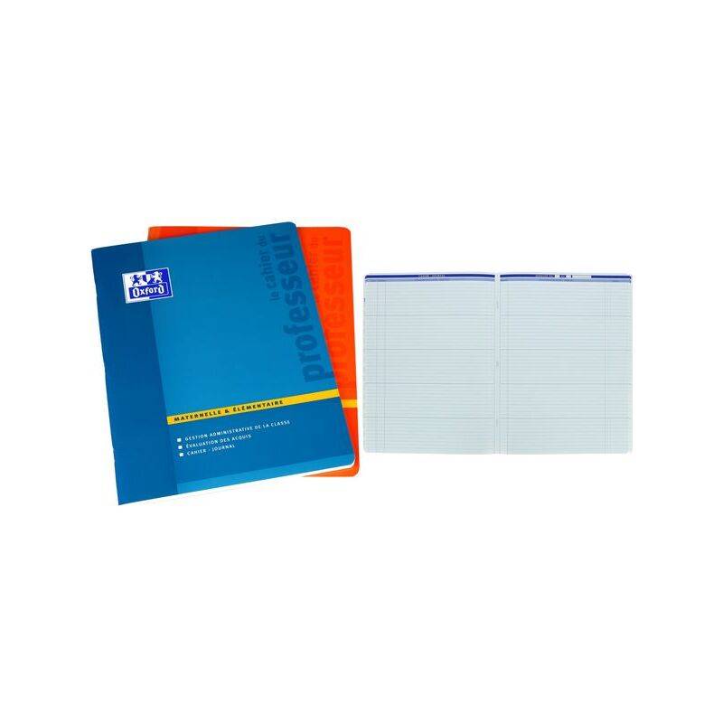 Zwei geöffnete Oxford-Notizbücher, eines in Blau und eines in Orange, mit sichtbaren liniierten Seiten, nebeneinander platziert.