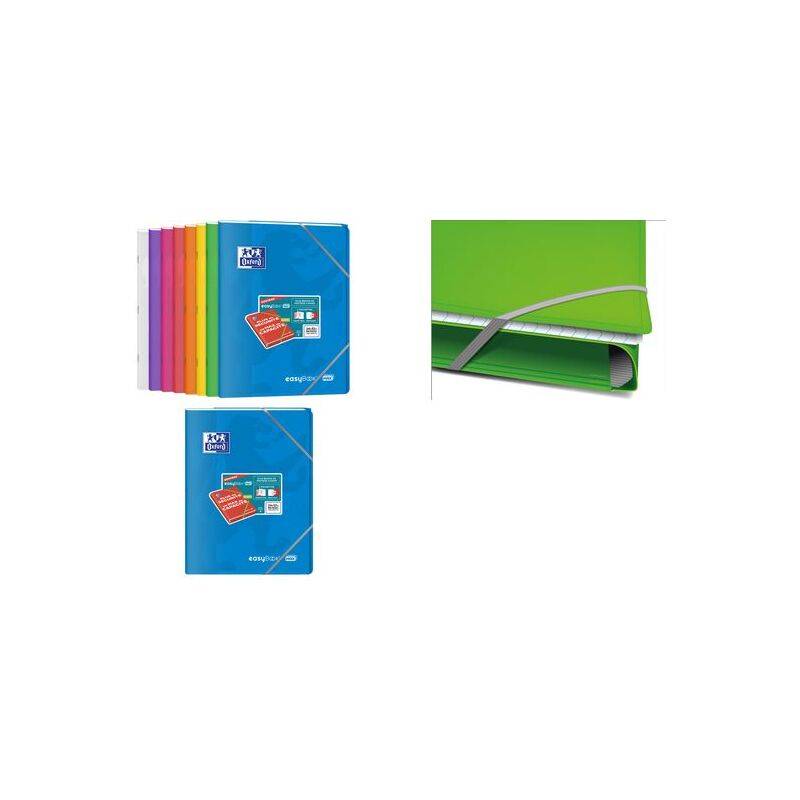 Eine Sammlung von farbenfrohen, elastisch gebundenen Dokumentenmappen mit einer grünen Mappe, die geöffnet ist und organisierte Dokumente im Inneren zeigt.