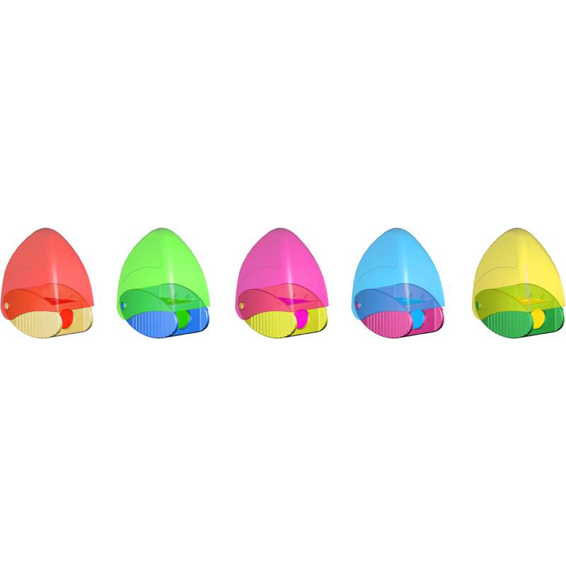 Fünf farbenfrohe Heftgeräte in einer Reihe angeordnet: rot, grün, rosa, blau und gelb. Jedes Heftgerät hat einen passenden abnehmbaren Abschnitt.