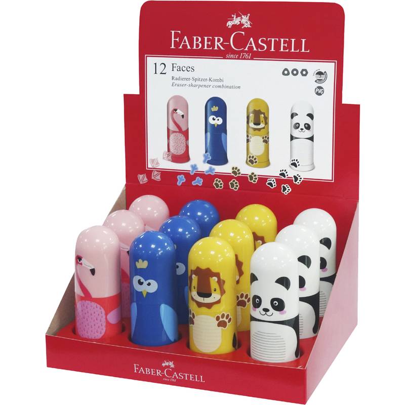 Anzeige von 12 Faber-Castell Radiergummi-Spitzer-Kombinationen mit Cartoon-Tiermotiven, darunter Pinguine, Löwen, Bären und Pandas.
