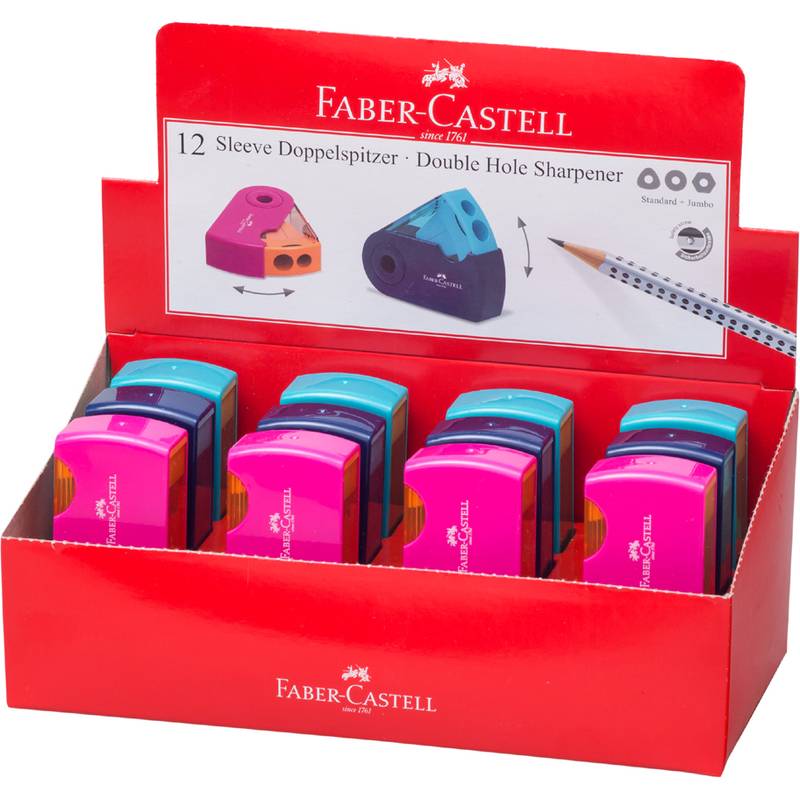 Faber-Castell 12er Etui Doppelspitzer, Anzeige mit Farbvielfalt der Doppelloch-Anspitzer und einem Bleistift.