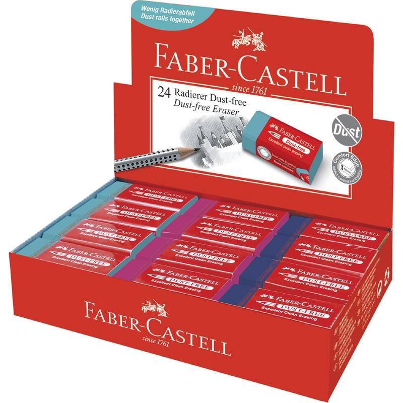 Faber-Castell 24 staubfreie Radiergummis, präsentiert in einer geöffneten Box. Die Radiergummis sind rot mit weißen Etiketten und dienen zum sauberen Radieren.