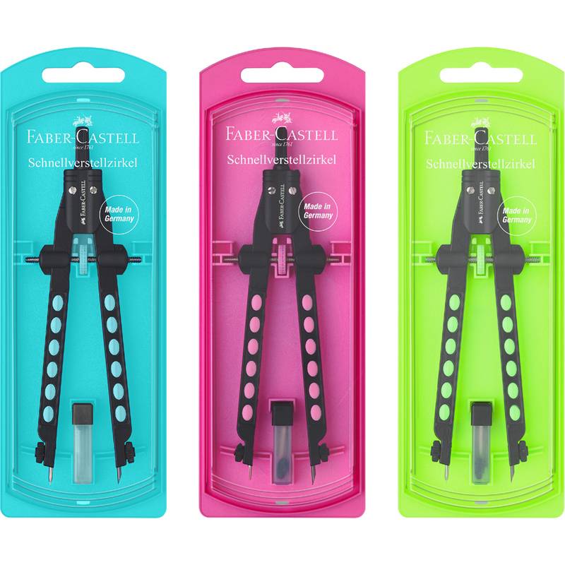 Drei Faber-Castell Schnellverstellzirkel in petrol-, rosa- und grüner Verpackung, mit der Aufschrift 