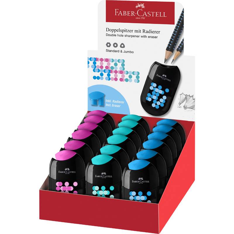 Faber-Castell Ausstellungsbox mit Anspitzern, die doppelte Löcher und Radiergummis aufweisen, gekennzeichnet als 