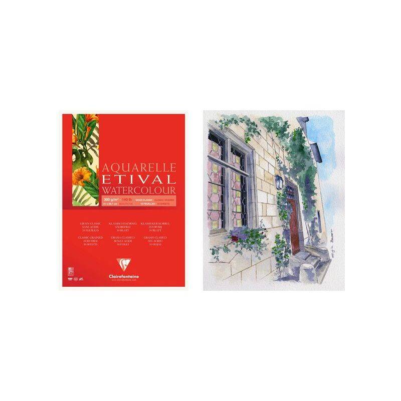 Aquarelle Etival Aquarellblock-Einband neben einem Aquarell eines Steingebäudes mit Blumen an den Fenstern.