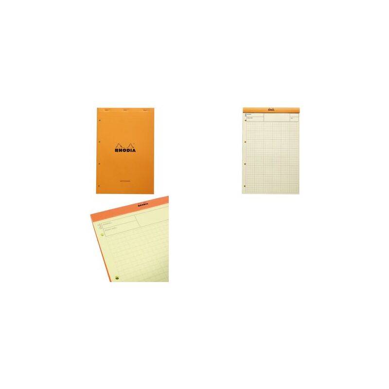Orange-farbiges Notizbuch mit Umschlag aus Rasterkarton mit dem Wort 'Rhodia'. Im Inneren sind Gitterseiten zu sehen, die zum Notieren oder Skizzieren geeignet sind.