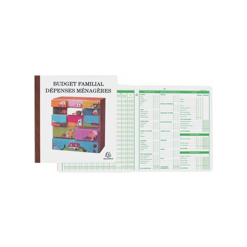 Bucheinband mit dem Titel 'Familielles Budget Haushaltsausgaben', der farbenfrohe Illustrationen auf weißem Hintergrund zeigt, neben einer geöffneten Buchführungsseite.