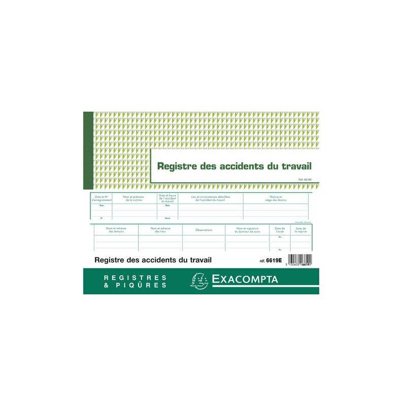 Umschlag 'Registre des accidents du travail', ein Produkt von Exacompta, verfügt über ein Tabellenformat zur Erfassung von Arbeitsunfällen.
