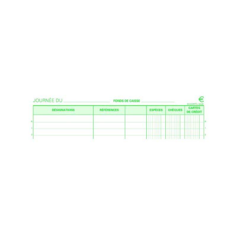Ein Formular zur Erfassung täglicher Bargeldtransaktionen, mit Spalten für Bezeichnungen, Referenzen, Bargeld, Schecks und Kreditkarten.
