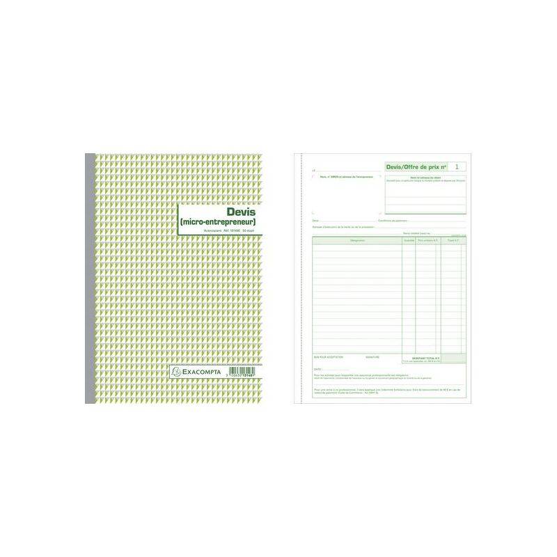 Umschlag eines Notizblocks mit der Aufschrift 'Devis Micro-Entrepreneur Exacompta' auf Französisch links. Eine geöffnete Seite rechts zeigt ein Formular-Layout.