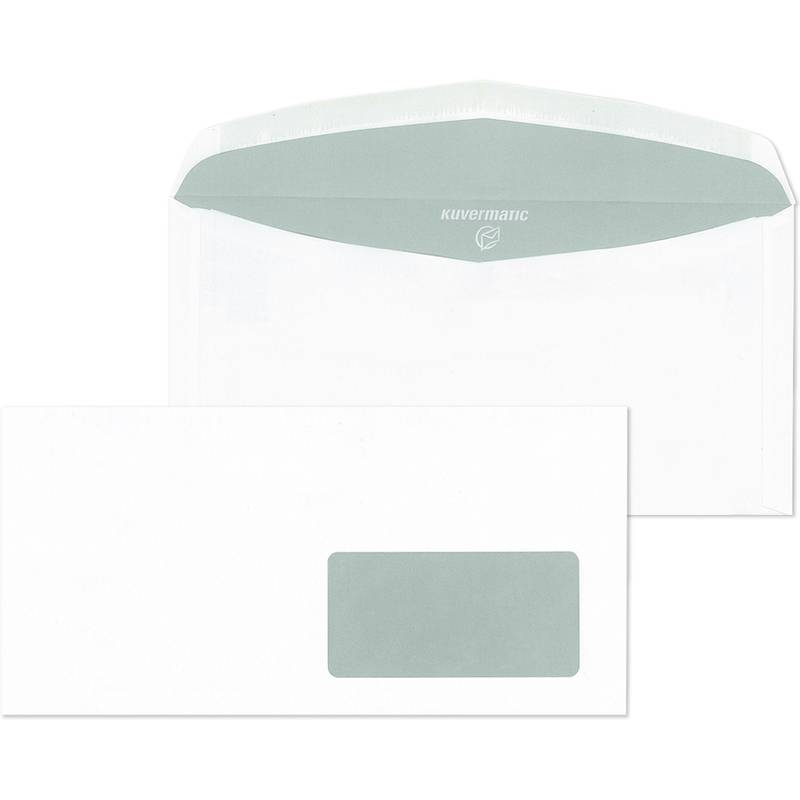 Zwei weiße Umschläge werden gezeigt; einer ist offen und zeigt eine graue Innenklappe, und der andere ist geschlossen mit einem transparenten Adressfenster.