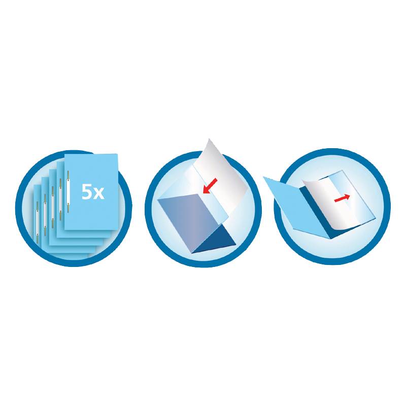 Darstellung mit drei Schritten: Verwenden von fünf Blatt Papier, Falten dieser Blätter und Einfügen in ein Heft oder eine Mappe, gekennzeichnet durch Pfeile.