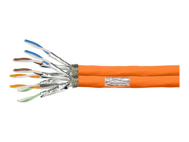 Querschnitt eines orangefarbenen Mehraderkabels mit mehreren farbcodierten isolierten Drähten und metallischer Abschirmung im Inneren.