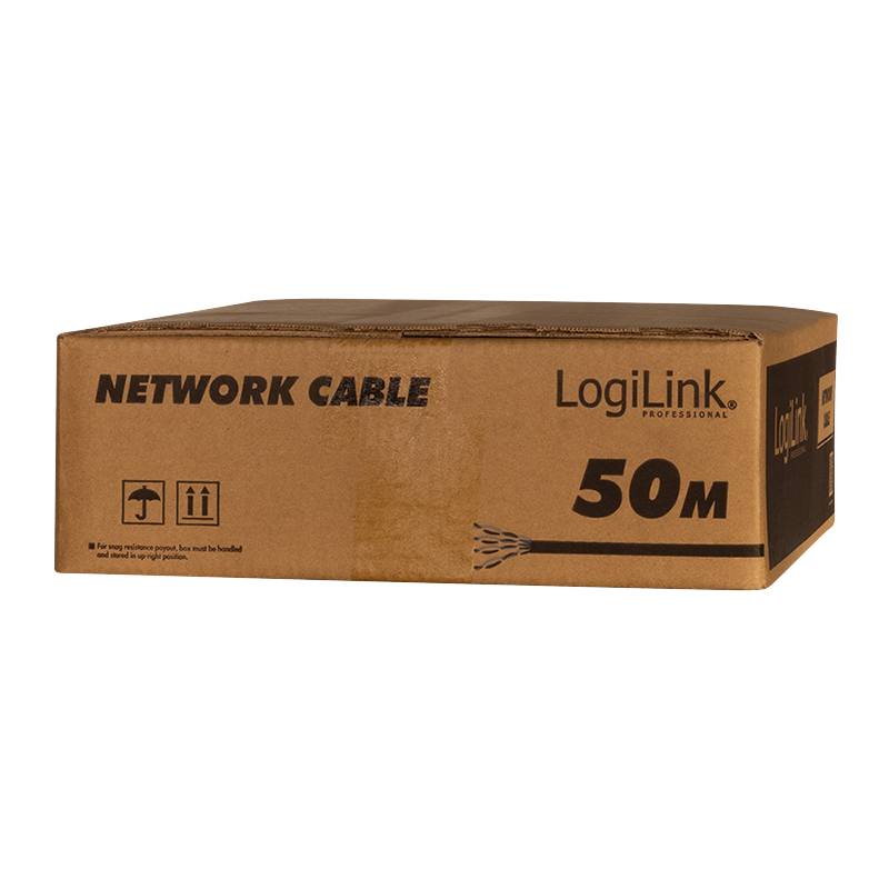 Netzwerkkabel LogiLink Professional in einer Schachtel, mit Beschriftung 50 m, auf weißem Hintergrund dargestellt.