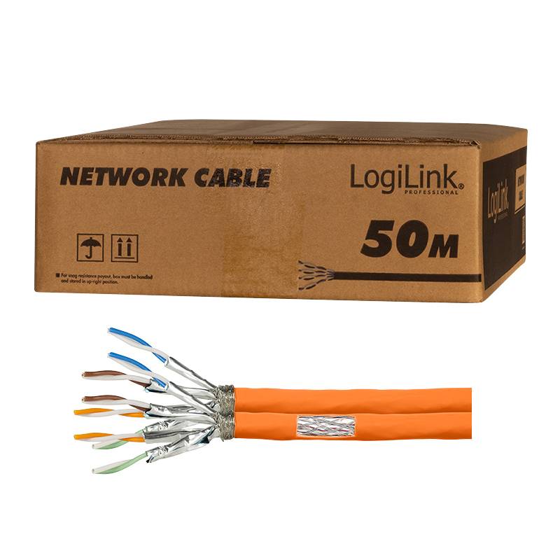 LogiLink Professional 50m Netzwerkkabelbox und ein oranges Ethernet-Kabel mit freiliegenden verdrillten Adernpaaren.