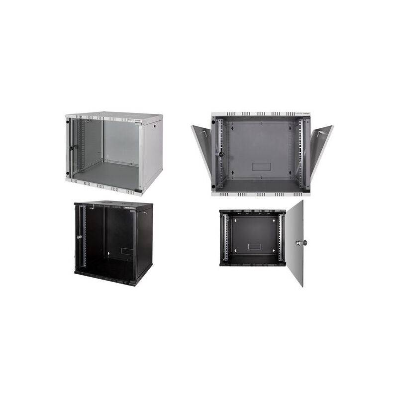 Rack-Schränke in verschiedenen Perspektiven: offene Seitenansicht, offene Frontansicht, geschlossene Seitenansicht und geschlossene Frontansicht.