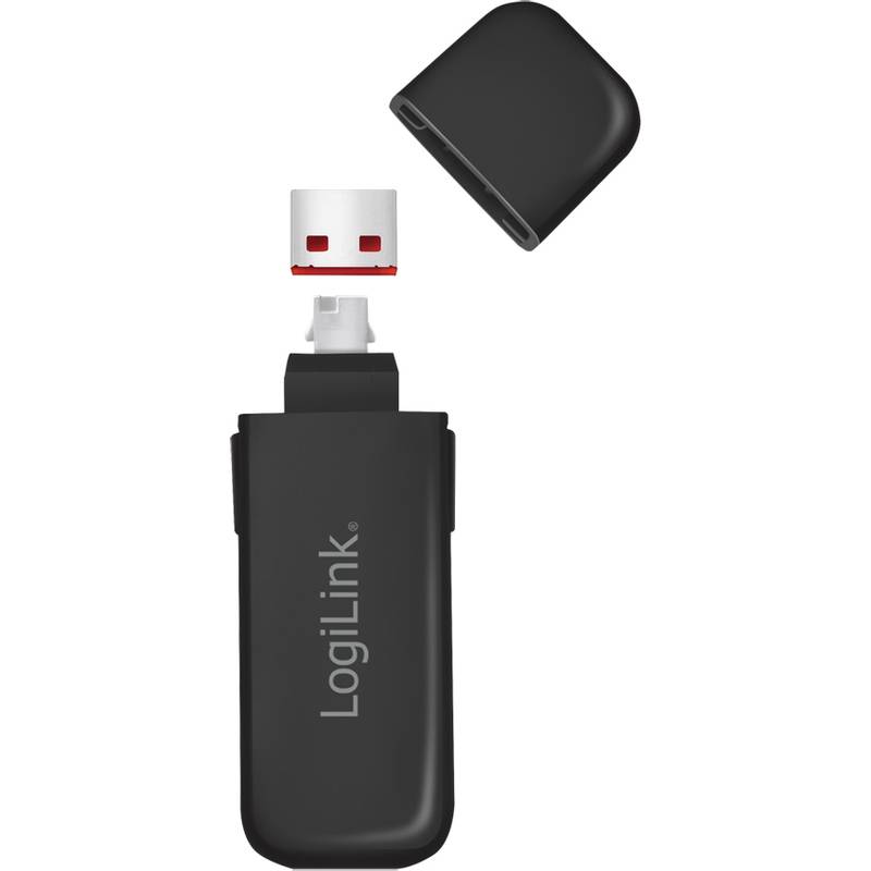 Ein schwarzer USB-WLAN-Adapter mit abnehmbarer Kappe, der von 'LogiLink' hergestellt wird und darauf ausgelegt ist, Geräte mit drahtlosen Netzwerken zu verbinden.