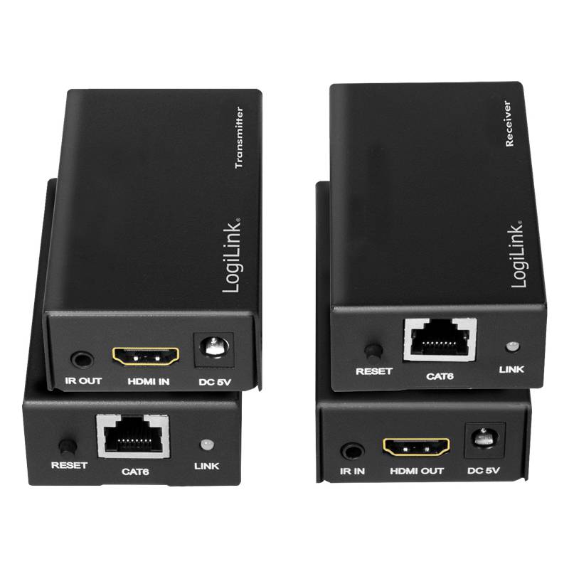 LogiLink' HDMI über CAT6 Sender und Empfänger Set. Beide Einheiten verfügen über HDMI-, IR- und DC 5V-Anschlüsse. Beschriftet mit 'Sender' und 'Empfänger'.
