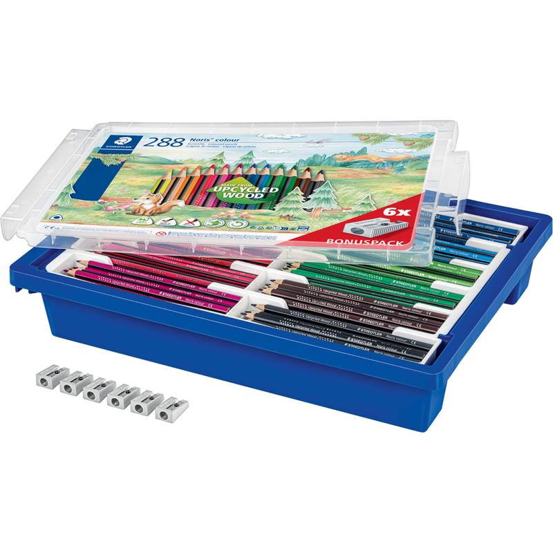Blaueset mit 288 Buntstiften, Radiergummis und einem Spitzer, angeordnet in einem Kunststoff-Aufbewahrungsfach mit durchsichtigem Deckel.