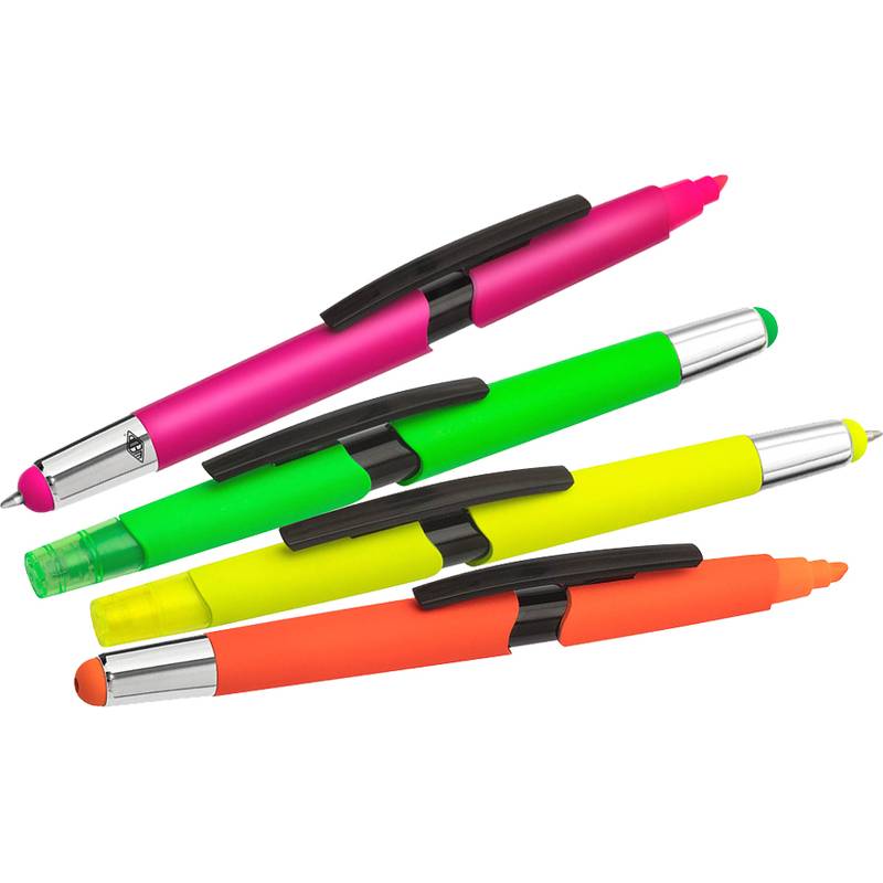 Vier helle, farbenfrohe Stifte in Rosa, Grün, Gelb und Orange, jeweils mit schwarzer Klammer und Kappe, diagonal auf weißem Hintergrund angeordnet.