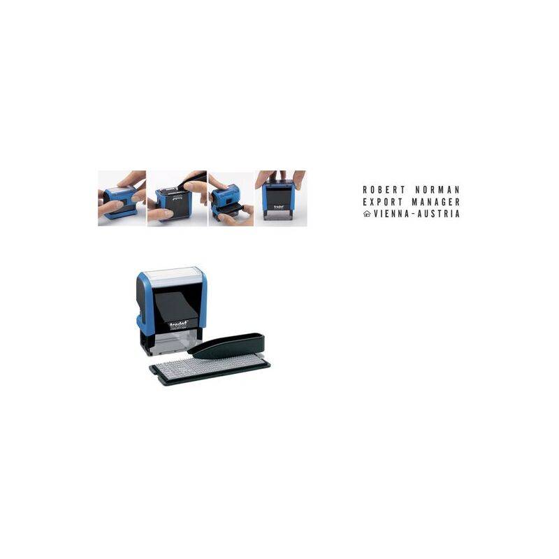 Das Bild zeigt einen Multifunktions-Hefter und Stempelapparat, wobei eine Hand die Anwendung demonstriert. Der Text daneben liest: 'Robert Norman Exportmanager Wien-Österreich'.