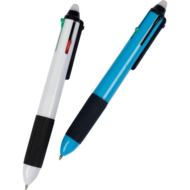 Zwei Mehrfarbstifte, einer weiß und einer blau, werden mit schwarzen Griffen und weißen Stylus-Spitzen gezeigt. Beide verfügen über einziehbare Tintoptionen in Schwarz, Blau und Rot.