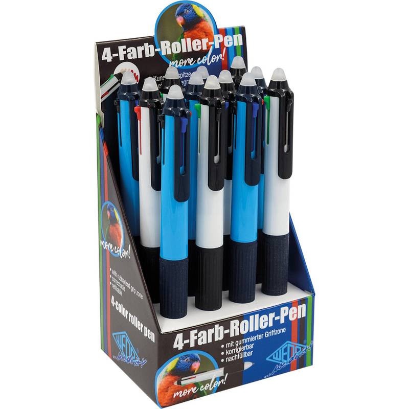 Eine Anordnung von 12 blau-weißen Stiften mit schwarzen Griffen und Knöpfen in vier Farben, gekennzeichnet als 4-in-1 Rollenstifte, aufrecht stehend.
