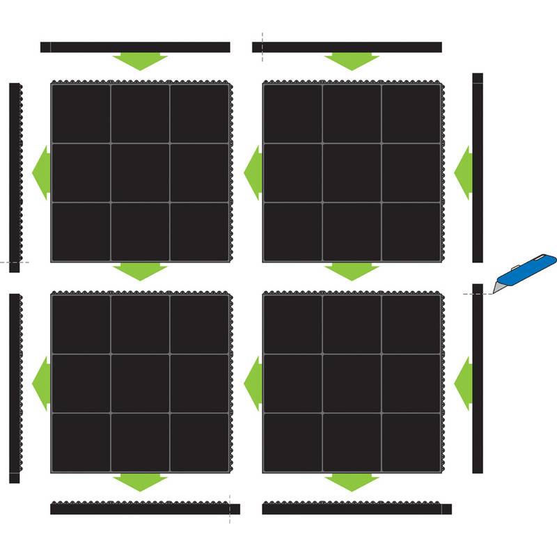 Diagramm mit sechs dunklen Quadraten mit gestrichelten Kanten, die in einem Raster positioniert sind. Grüne Pfeile und ein blauer Bleistift zeigen Schnitt- oder Trennlinien an.